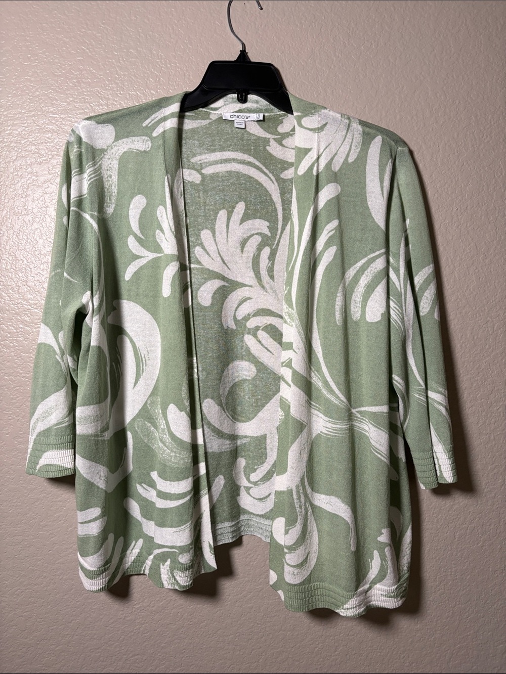 Chico's Sage Green and White Floral Open-Front Cardigan